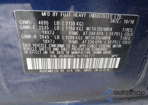 2017 Subaru Outback 2.5I Limited z USA, uszkodzony, nr VIN 4S4BSAKC1H3286771